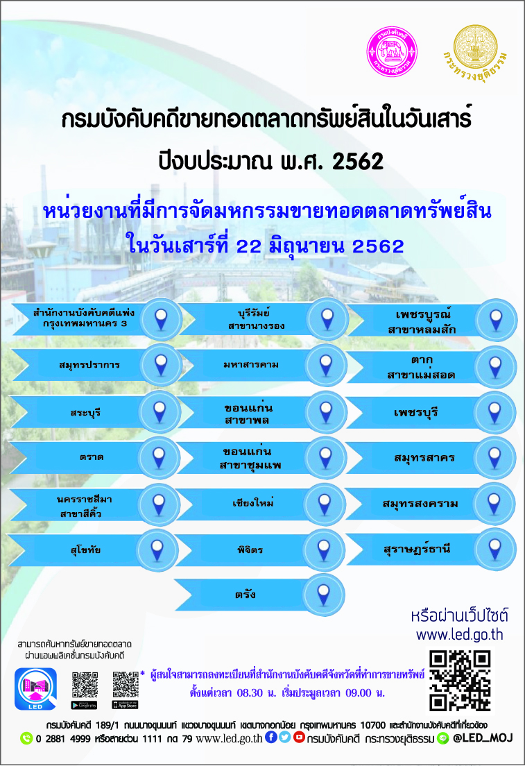 ﻿กรมบังคับคดีจัดการขายทอดตลาดทรัพย์สินทุกวันเสาร์ สำหรับเดือนมิถุนายน 2562